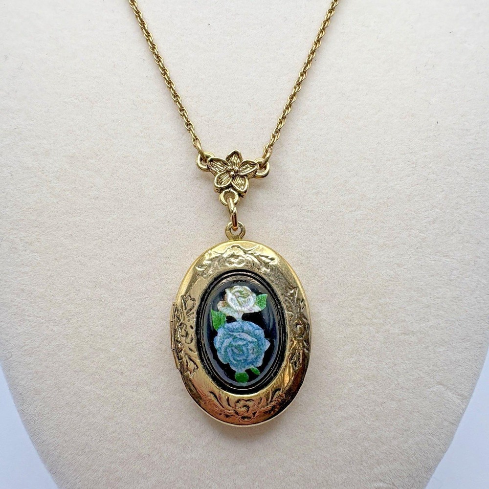 Vintage 1928 Locket Necklace Painted Flowers Gold Tone Victorian Revival Lariat
